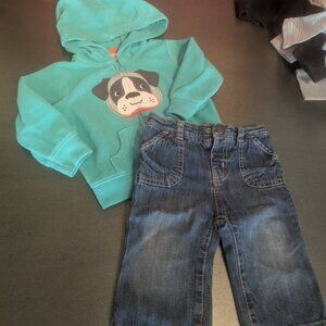 Fleece Puppy Zip Hoodie and Soft Denim Outfit 6-12 Mos
